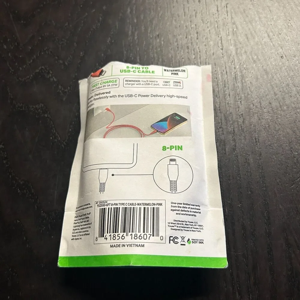 6 Ft Foot 8-Pin To USB-C Cable Watermelon Pink